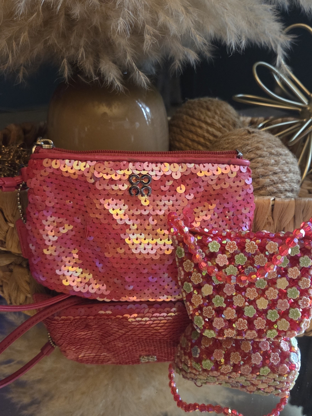 Coach Pink Sequin Wristlet w/ Matching Beaded Mini Bag Charm Bundle - Picture 14 of 17
